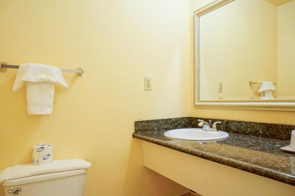 A bathroom with a toilet, a sink, a towel rack, and a mirror.