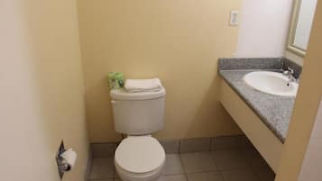 A small bathroom with a toilet, a sink, and a mirror.