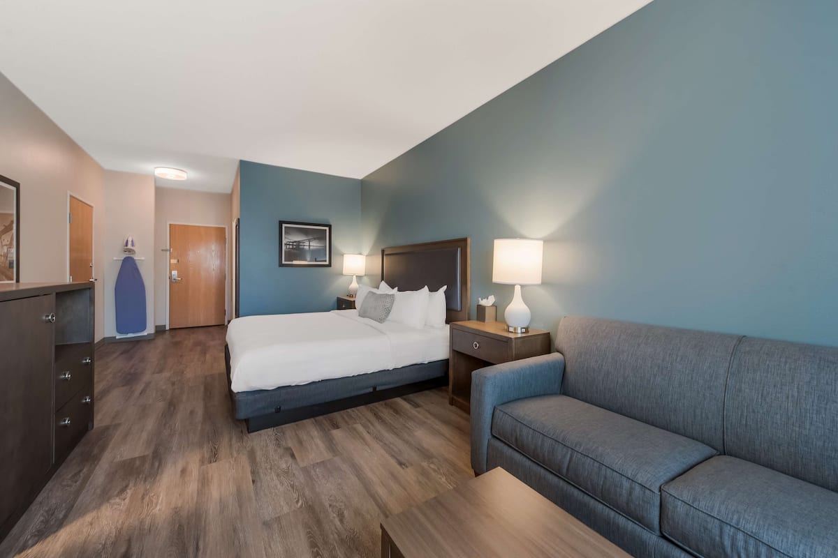 A hotel room with a bed, a sofa, a desk, and a dresser.