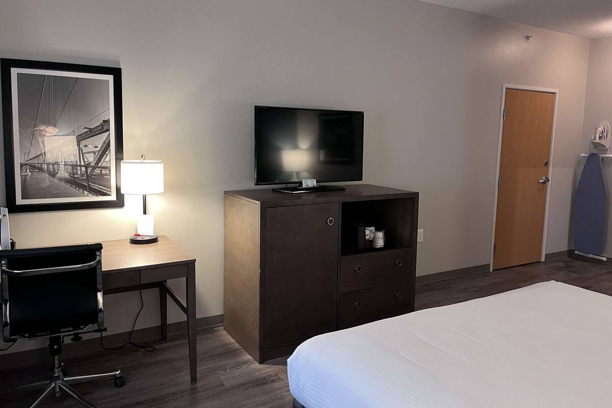 A hotel room with a bed, a desk with a chair, a television, a framed picture on the wall, and a door.