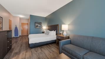 Habitació d'hotel amb llit, sofà, escriptori i armari.