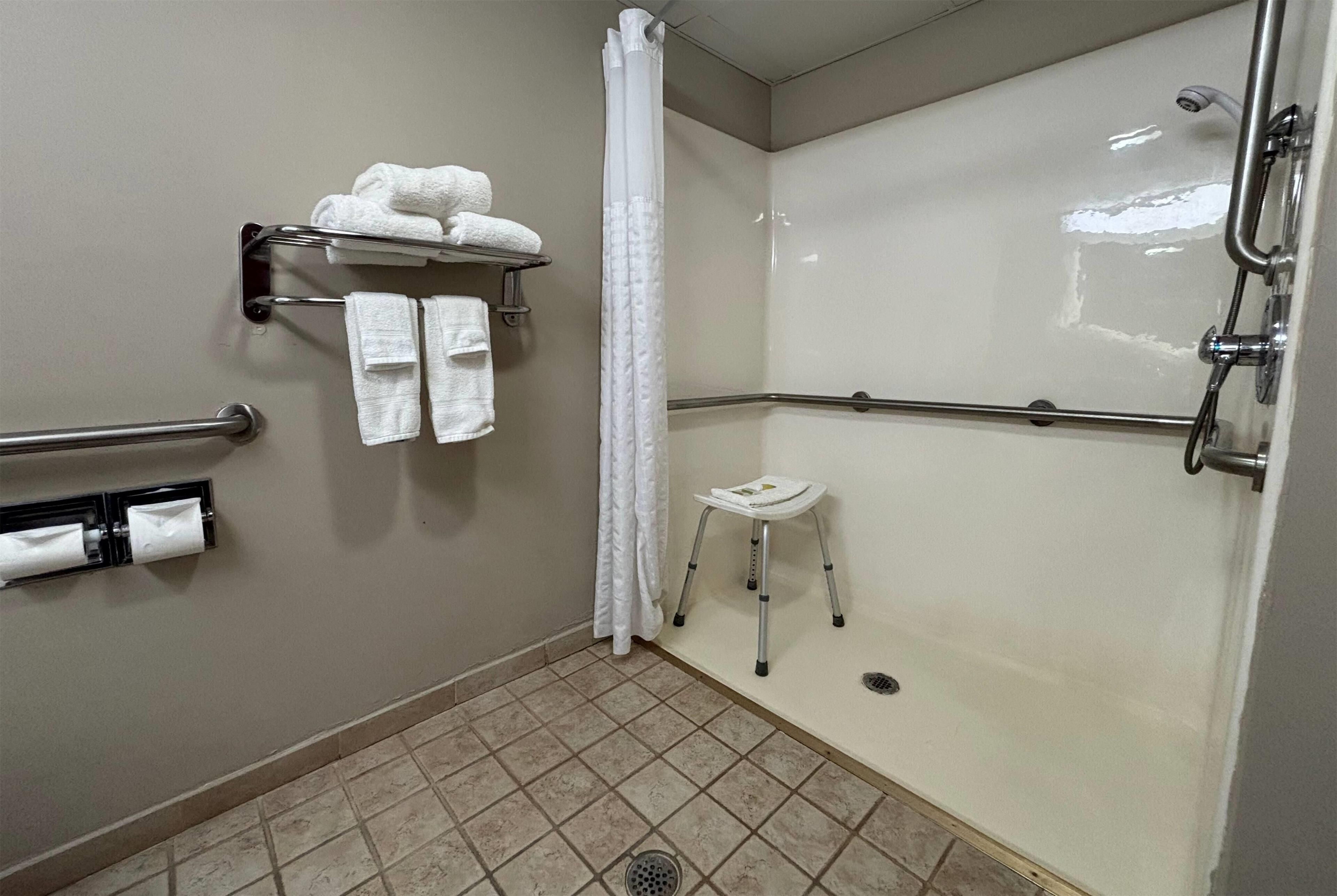 A bathroom with a shower, grab bars, a towel rack, and a step stool.
