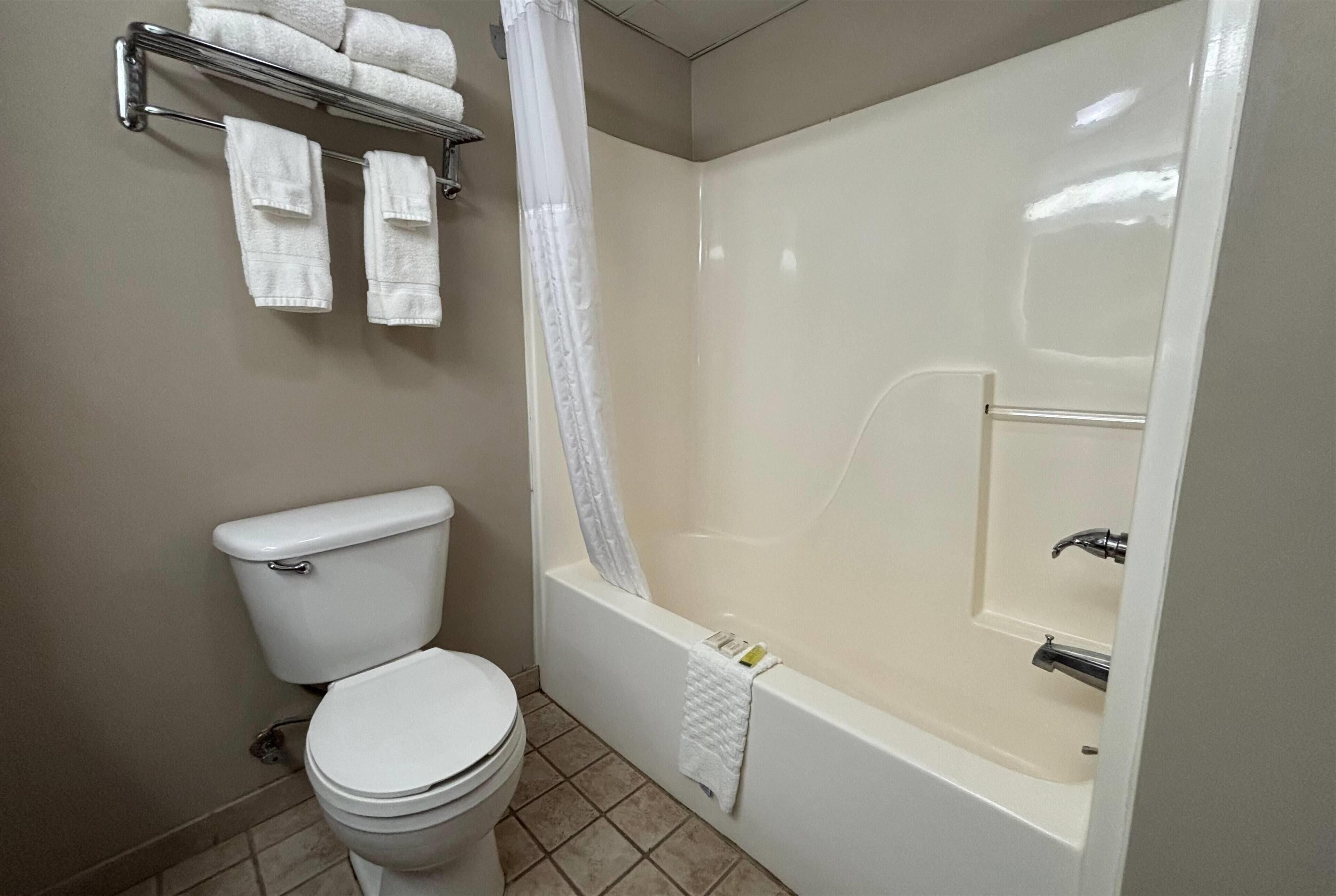 Un baño con inodoro, bañera y cortina de ducha.