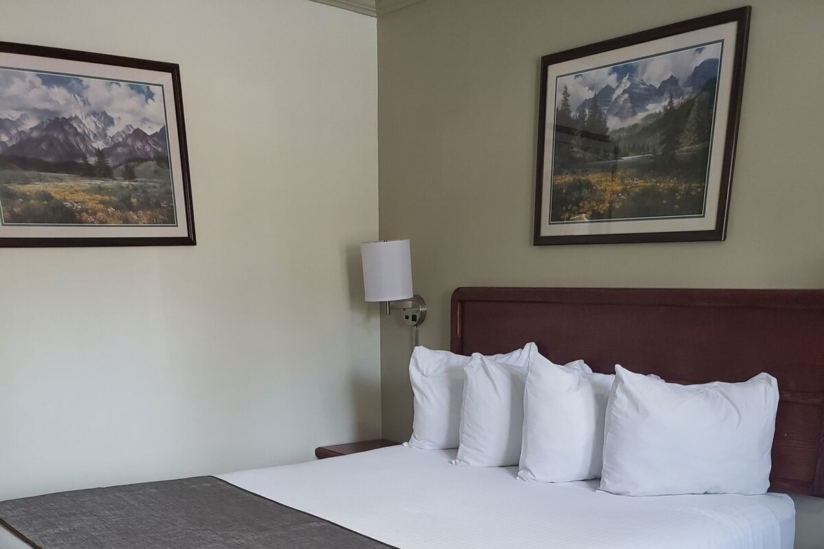 A hotel room with a large bed, a wooden headboard, two wall-mounted paintings, a bedside lamp, and a wooden floor.