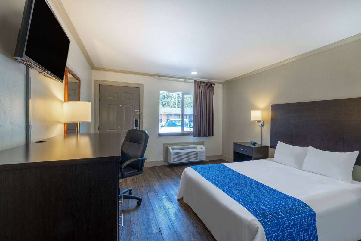 Habitación de hotel con cama, escritorio, silla, televisor, ventana y mesita de noche.