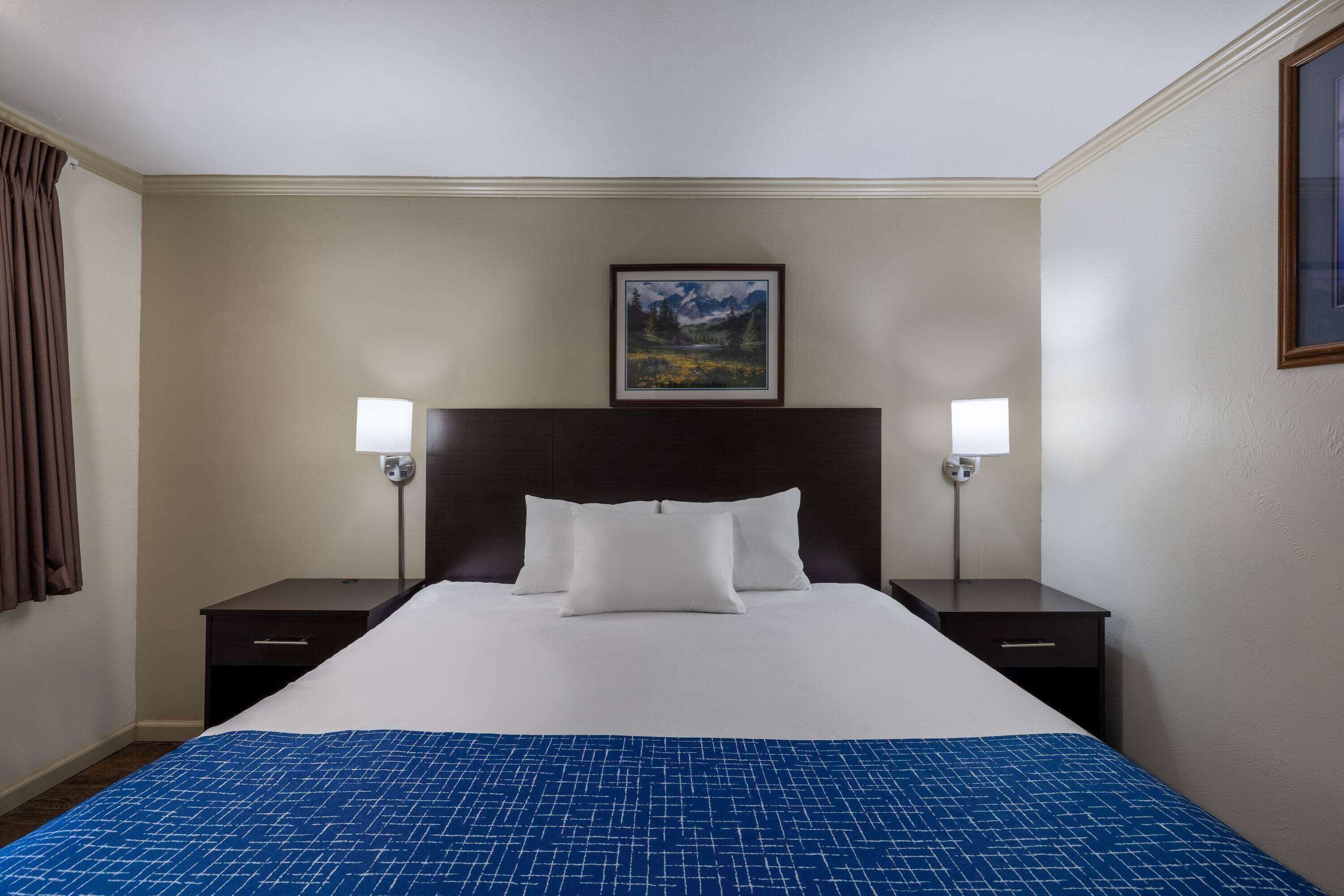 Habitación de hotel con una cama grande, dos mesitas de noche, un cabecero, un cuadro en la pared y dos lámparas de pared.