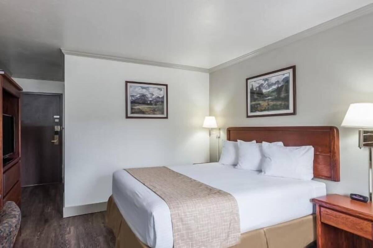 Een hotelkamer met een bed, een bureau, een stoel, een kledingkast en twee wandlampen.