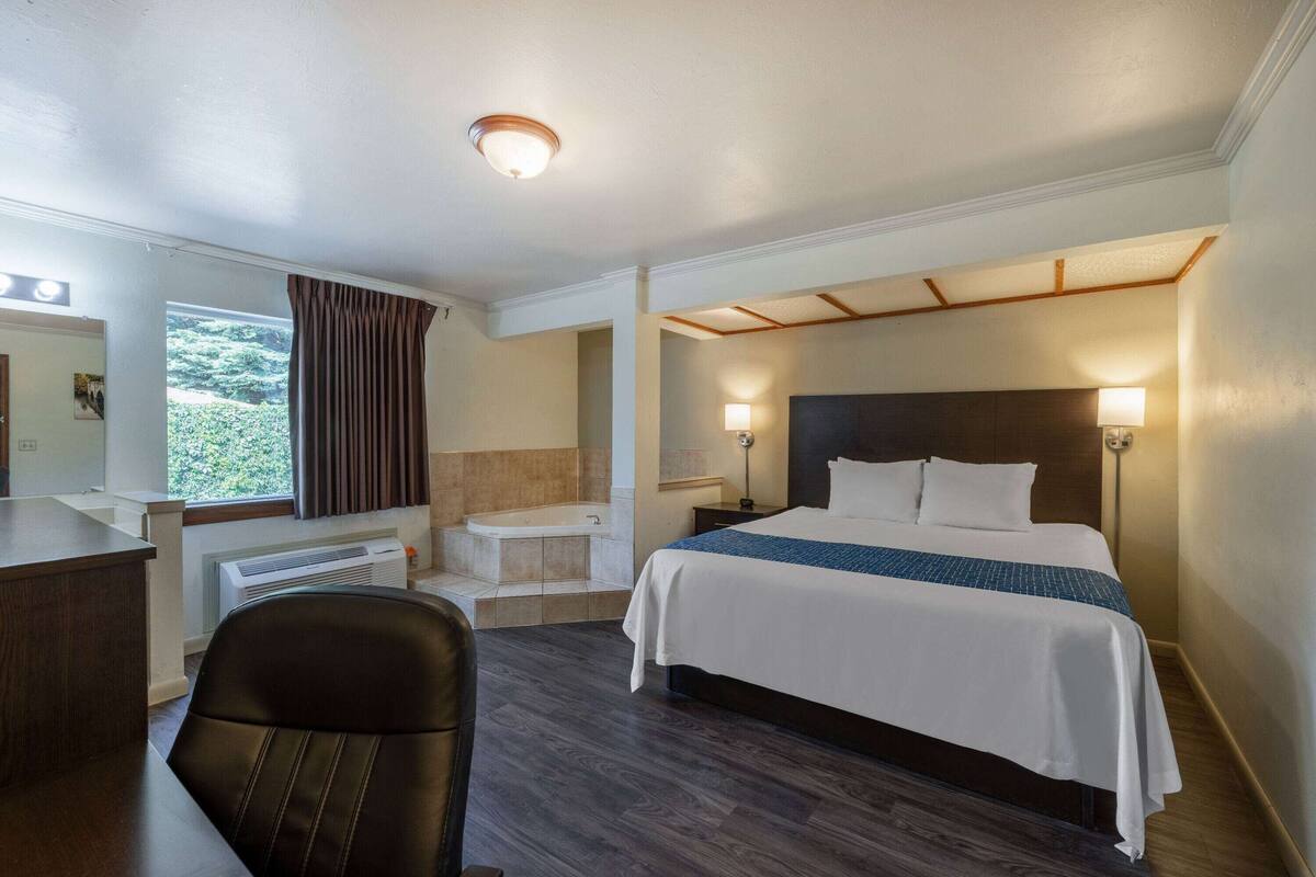 Habitación de hotel con cama, escritorio, silla y vistas al exterior con vegetación.
