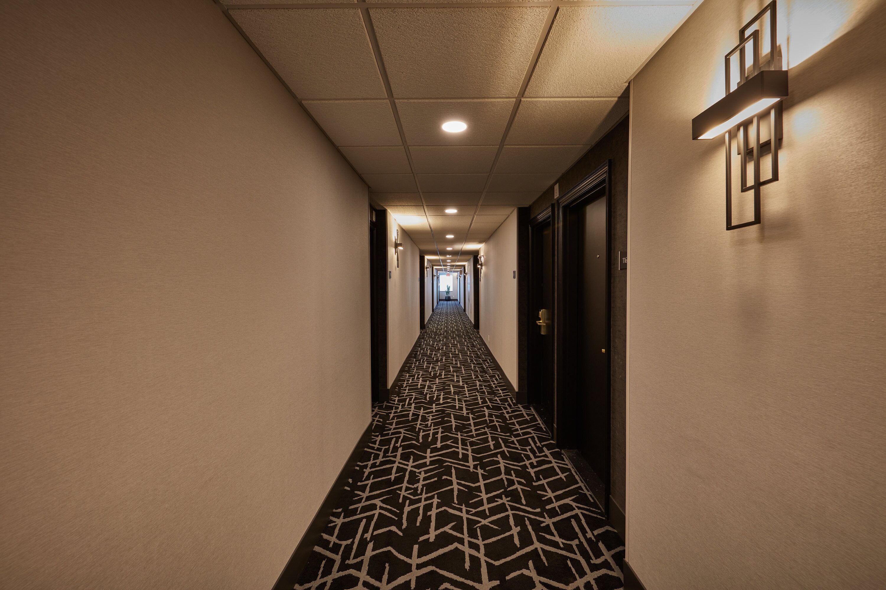 Un pasillo con alfombra estampada, luces empotradas y puertas a ambos lados.