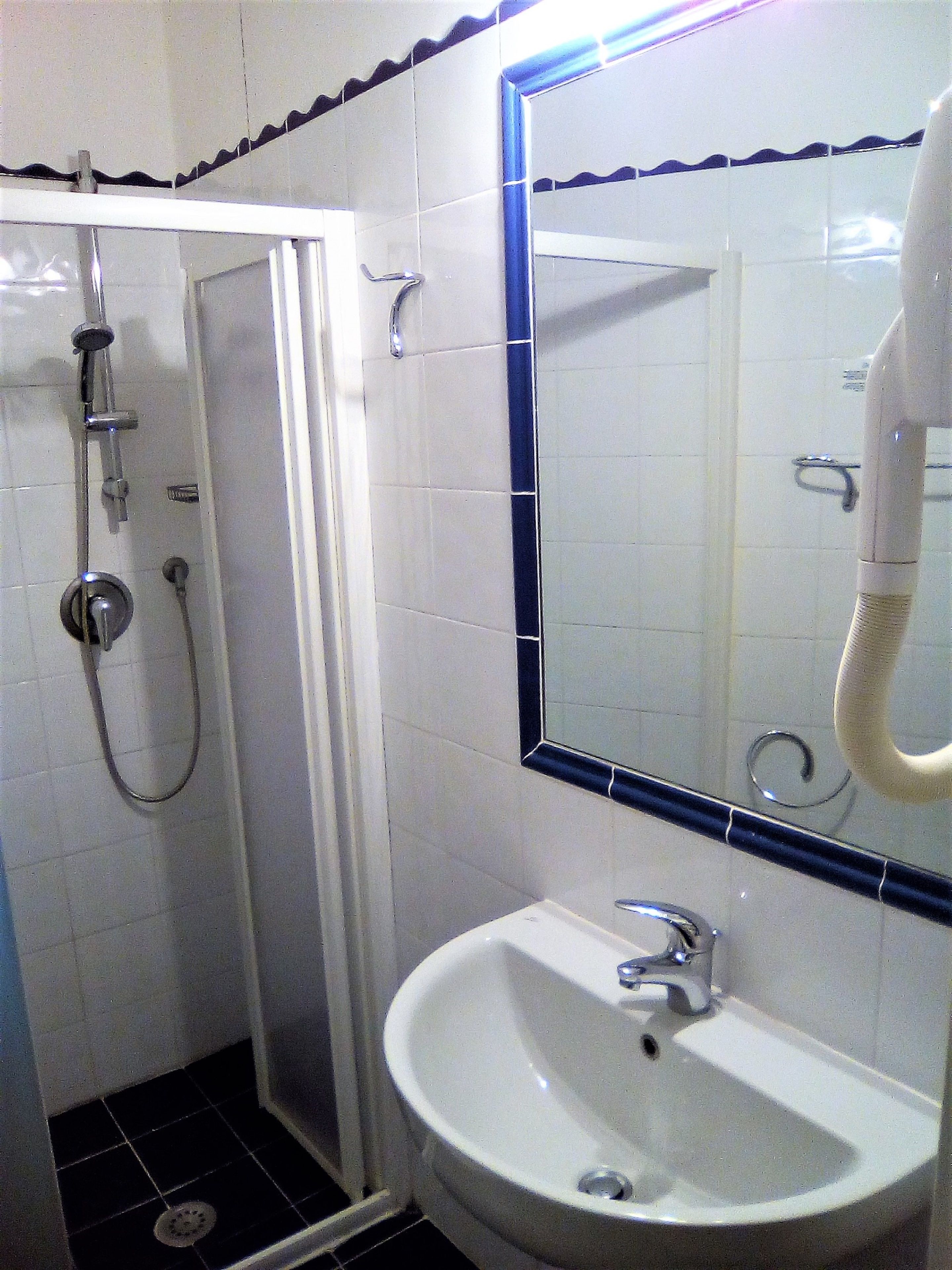 Une salle de bain avec une douche, un lavabo et un miroir.