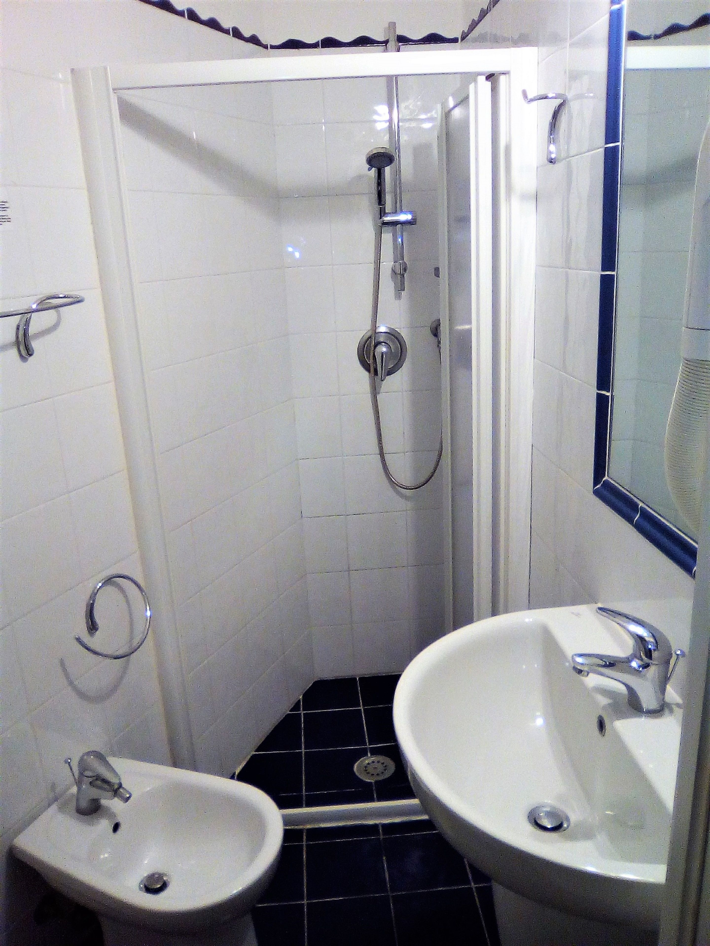 Un bagno con due lavandini, una doccia e uno specchio.