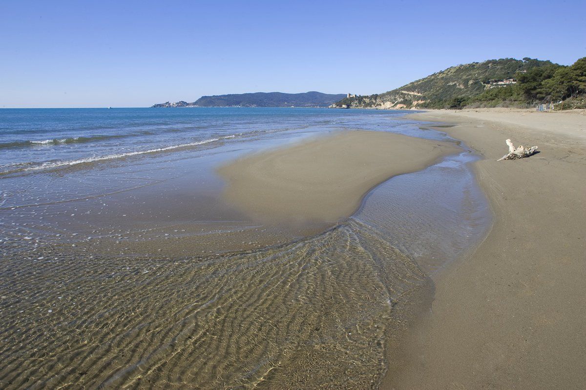 A beach with clear water, a sandy shore, and a hill with buildings in the background.