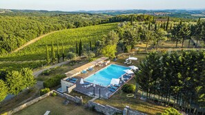 An aerial view of a villa with a swimming pool, surrounded by lush greenery and a hilly landscape. - Hotel Casafrassi  (Castellina in Chianti)
