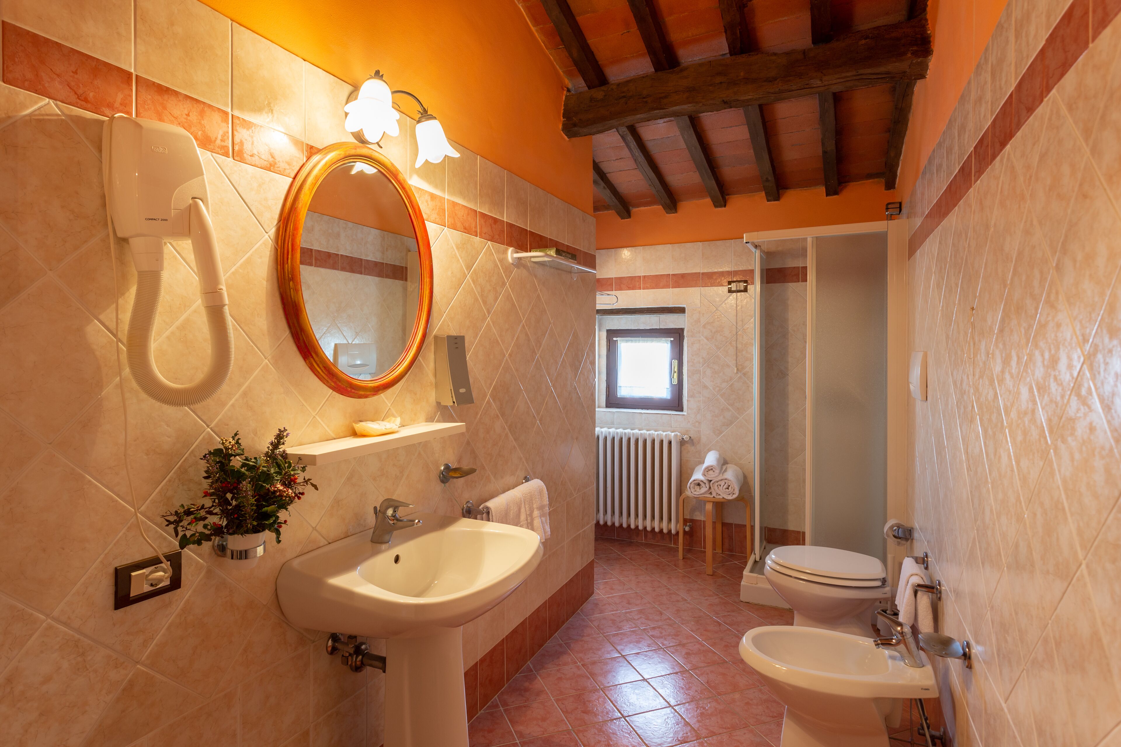 combined shower/bathtub, free toiletries, hair dryer, bidet