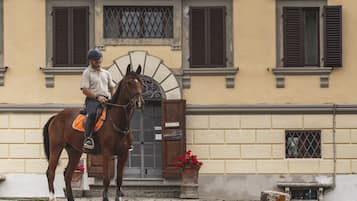 A person riding a horse in front of a building with a large arched entrance and a sign that reads "RECEPTION".