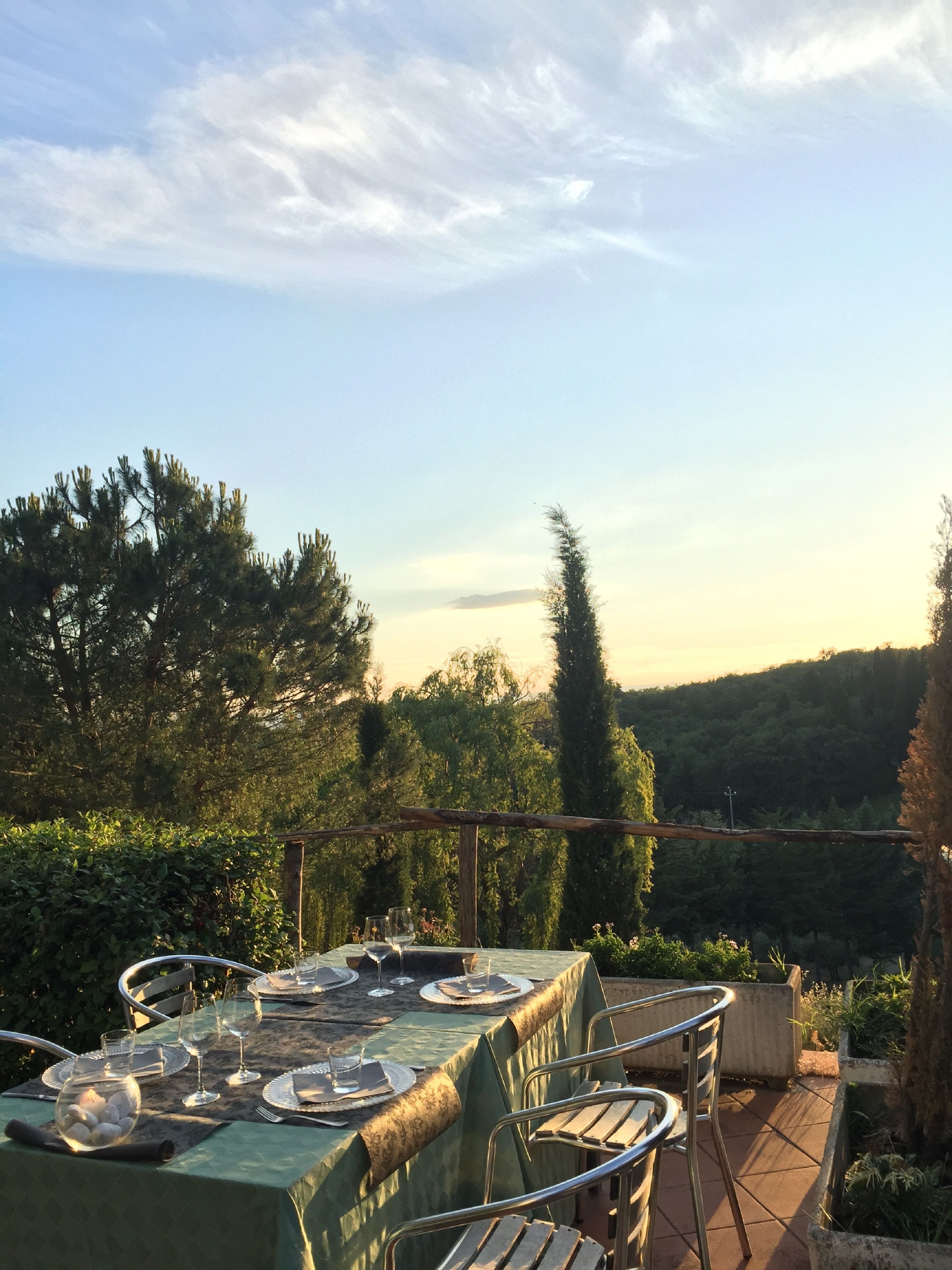 Middag serveres, italienske retter, utsikt mot hagen 