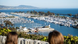 Two people seated at a table overlooking a marina with numerous boats, a clear sky, and distant hills.