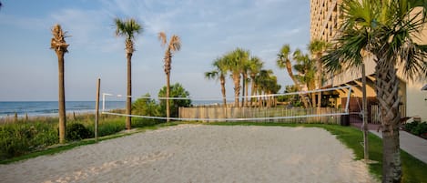 A sandy beach volleyball court with a net, surrounded by palm trees and a building in the background.