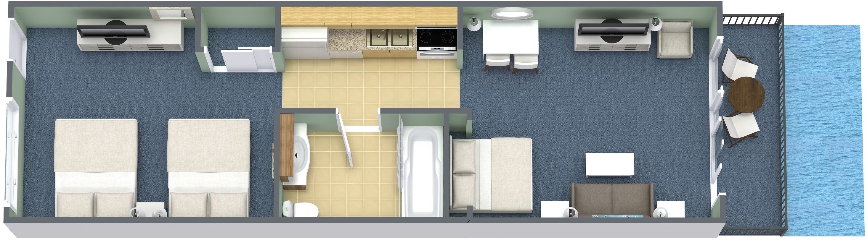 A hotel room layout with a bed, two seating areas, a kitchenette, and a bathroom.
