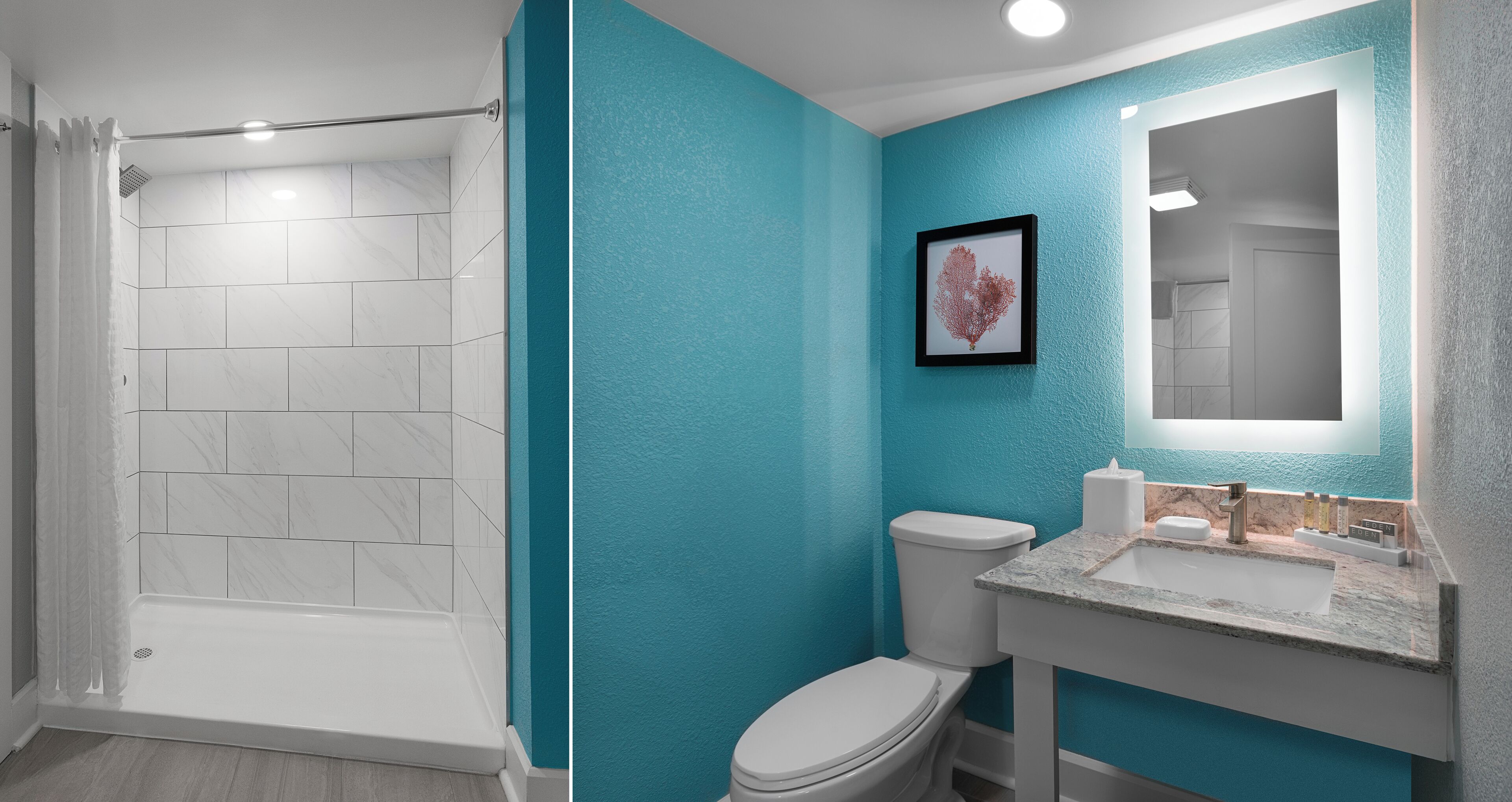 A bathroom with a shower, toilet, and sink.