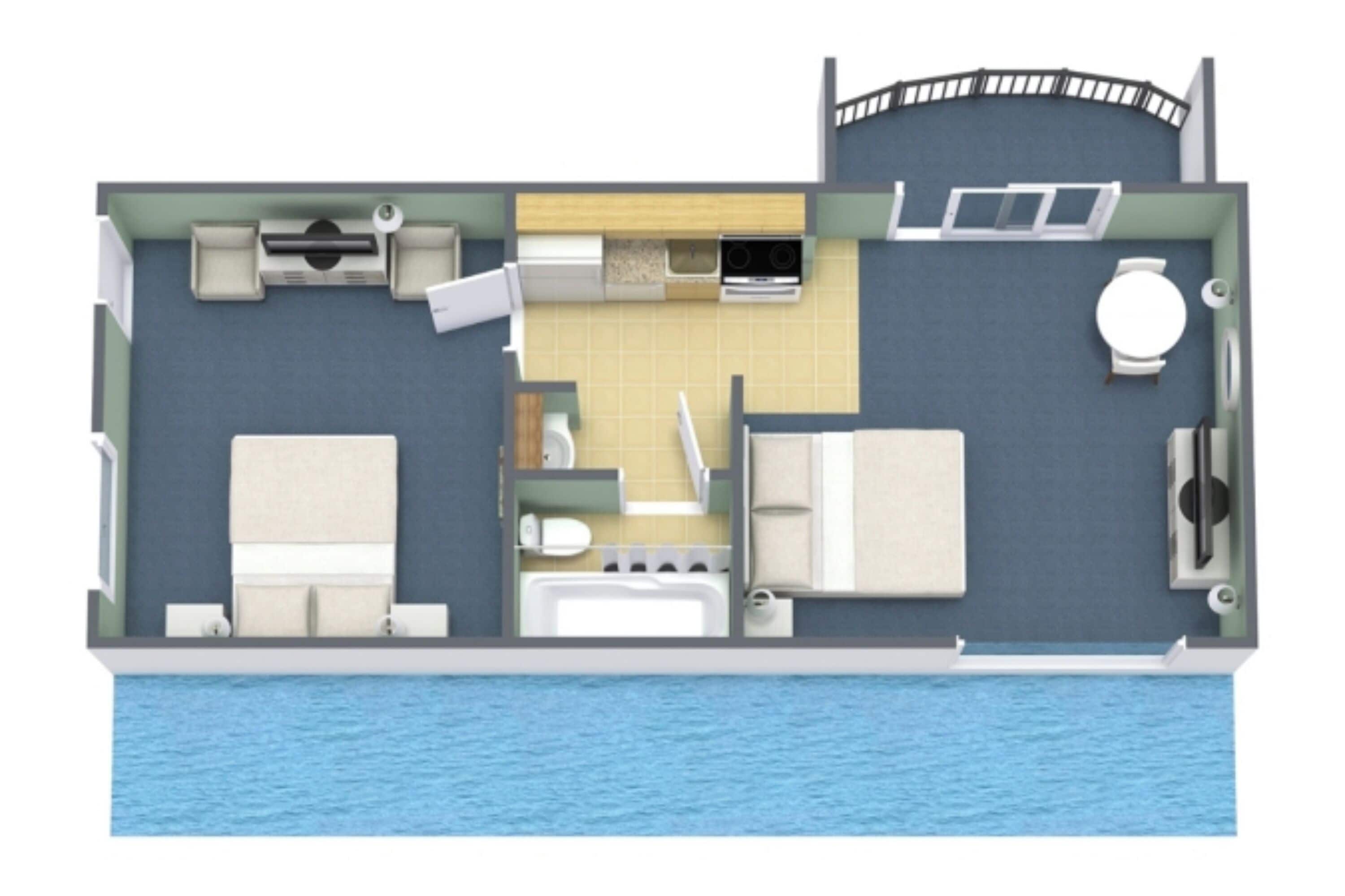 A boat interior with a kitchen, dining area, two bedrooms, a bathroom, and a small balcony.