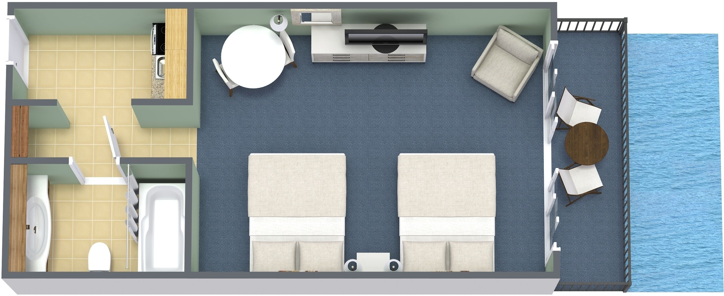 A hotel room with a bathroom, a kitchenette, a bed, a small table, and a view of the sea.