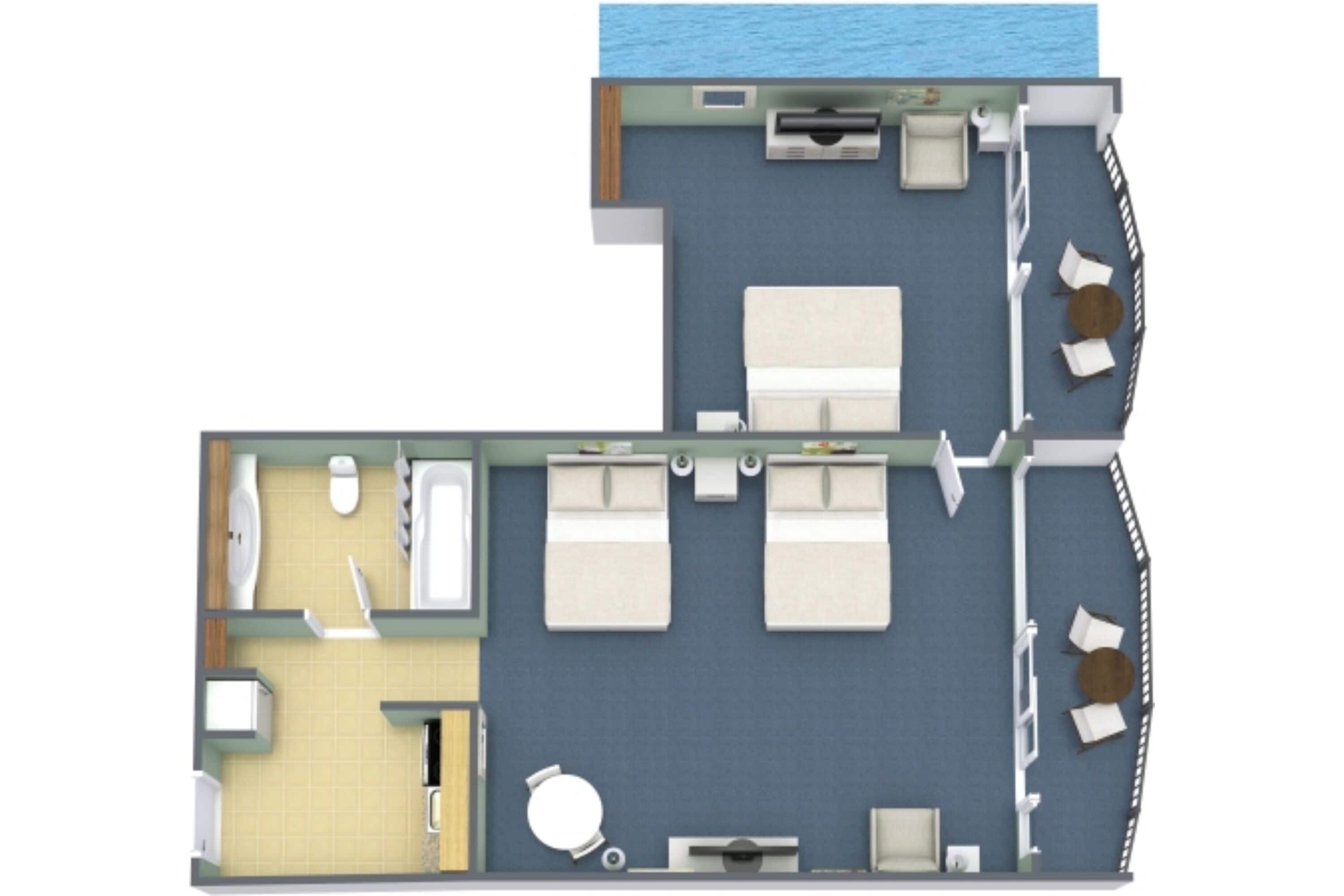 A 2-bedroom suite with a balcony, a bathroom, a dining area, and a small kitchen.
