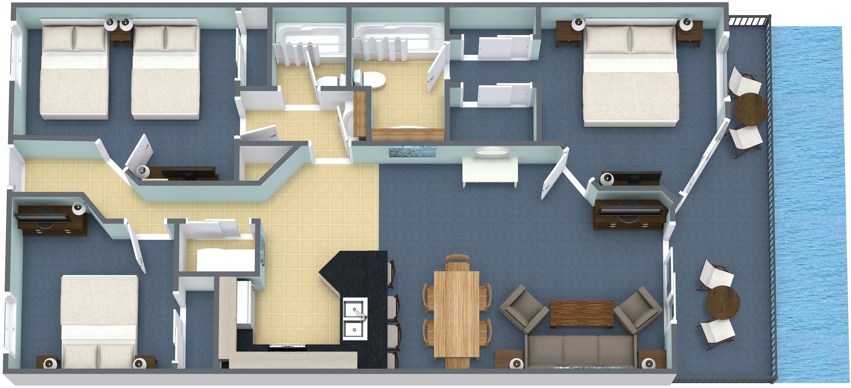 A 2-bedroom suite with a balcony, a kitchenette, a bathroom, and a living area with a sofa and table.