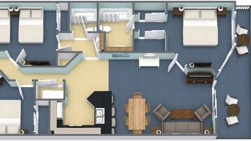 A 2-bedroom suite with a balcony, a kitchenette, a bathroom, and a living area with a sofa and table.