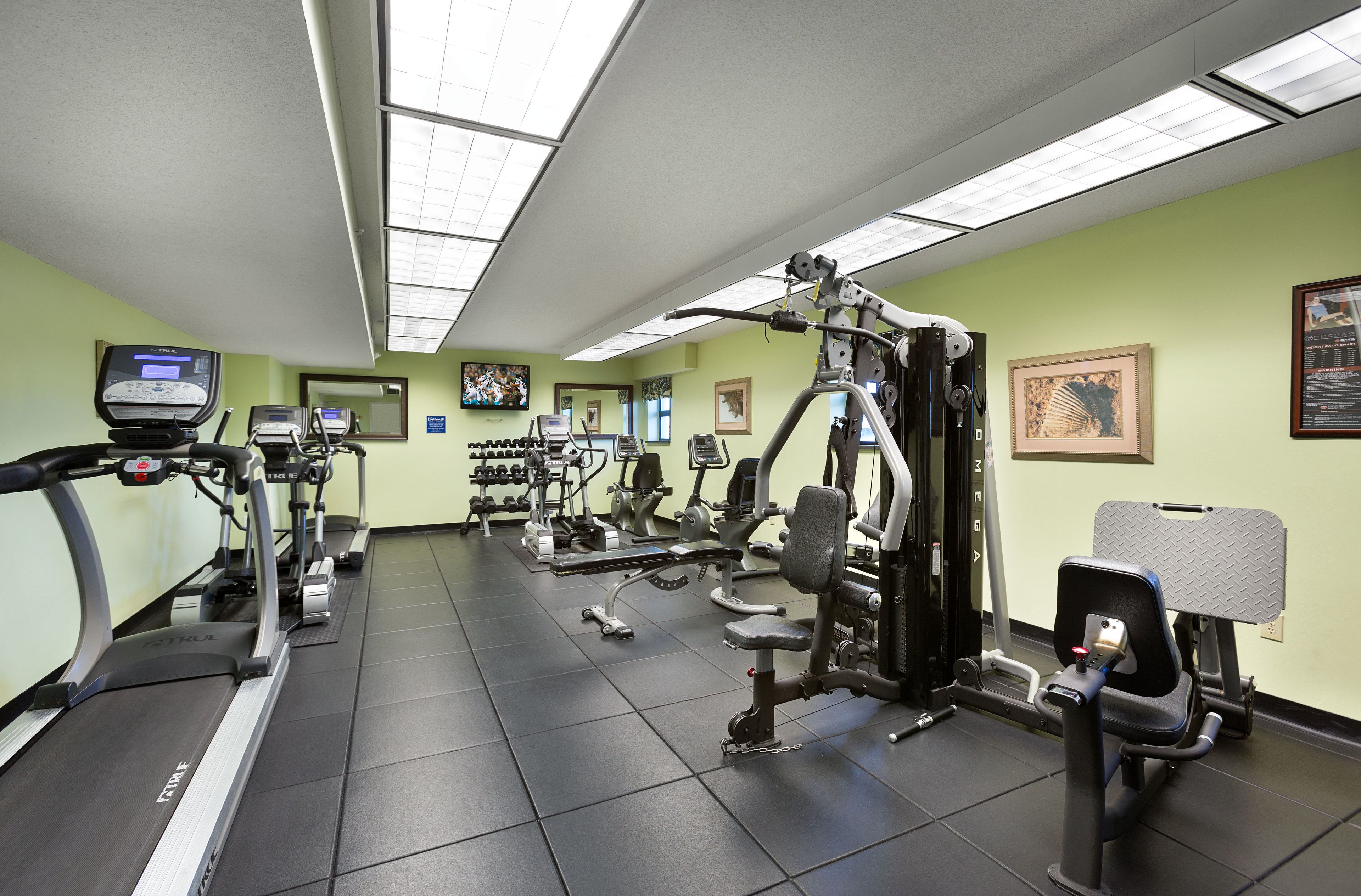 Ein Fitnessstudio mit Laufbändern, Kraftgeräten und Trainingsausrüstung.