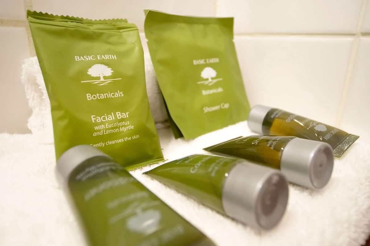 free toiletries, hair dryer, towels