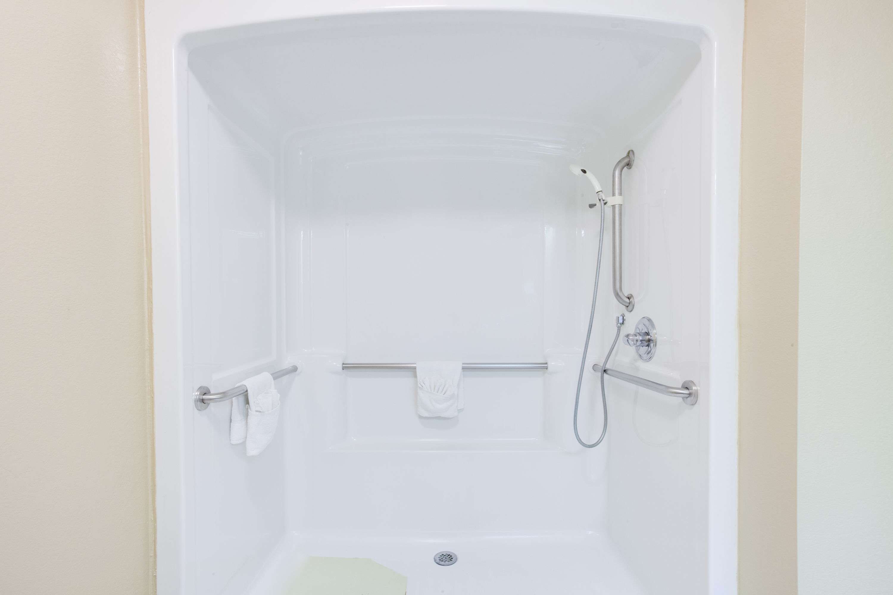 combined shower/bathtub, hair dryer, towels, toilet paper