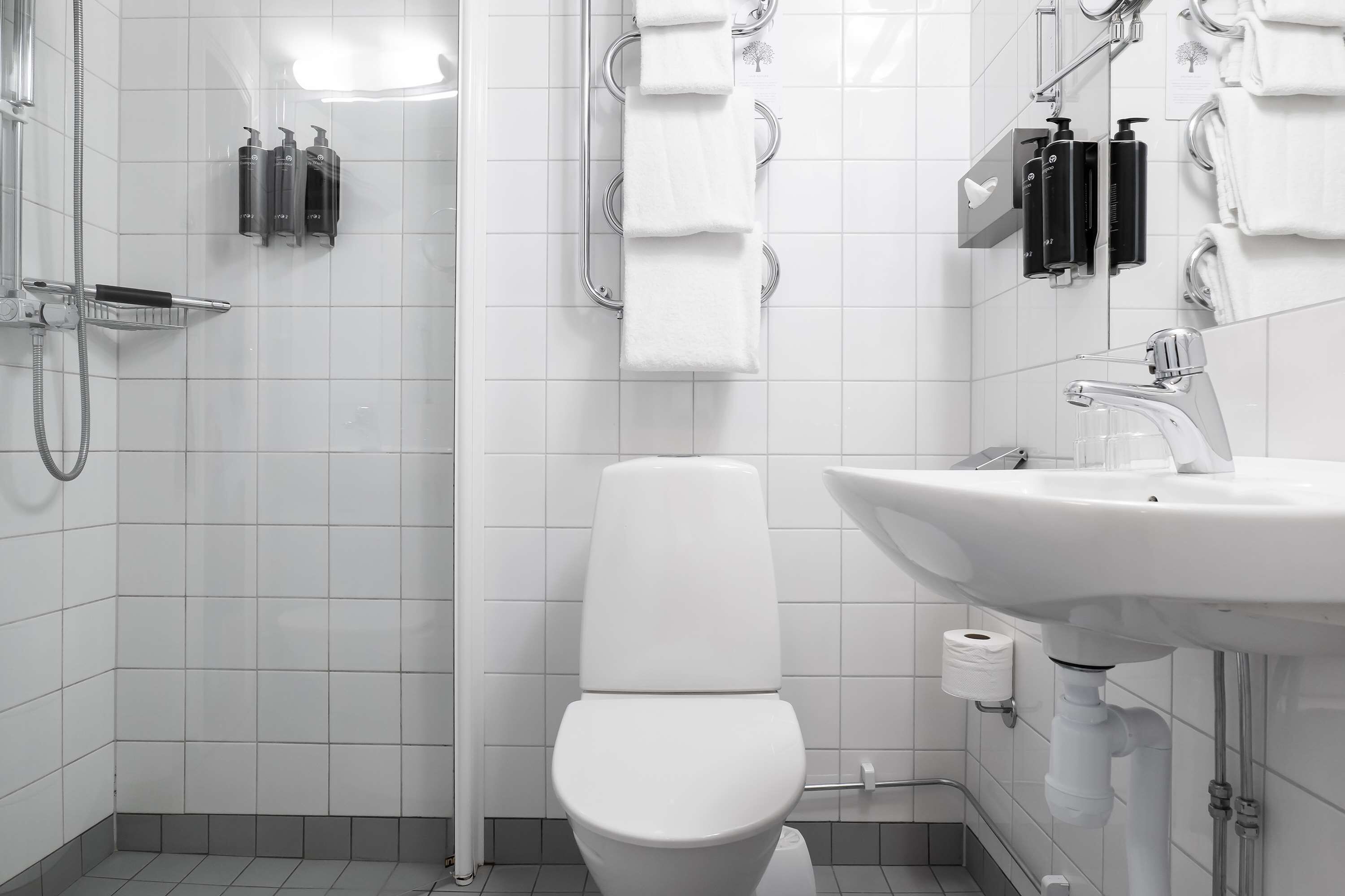 eco-friendly toiletries, hair dryer, towels