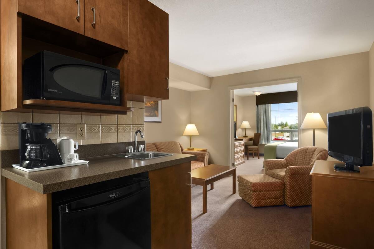 Une chambre d’hôtel équipée d’une kitchenette, comprenant un four à micro-ondes, une machine à café et un lave-vaisselle. Elle dispose également d’un coin salon avec un canapé et des fauteuils, ainsi que d’un téléviseur posé sur un meuble.