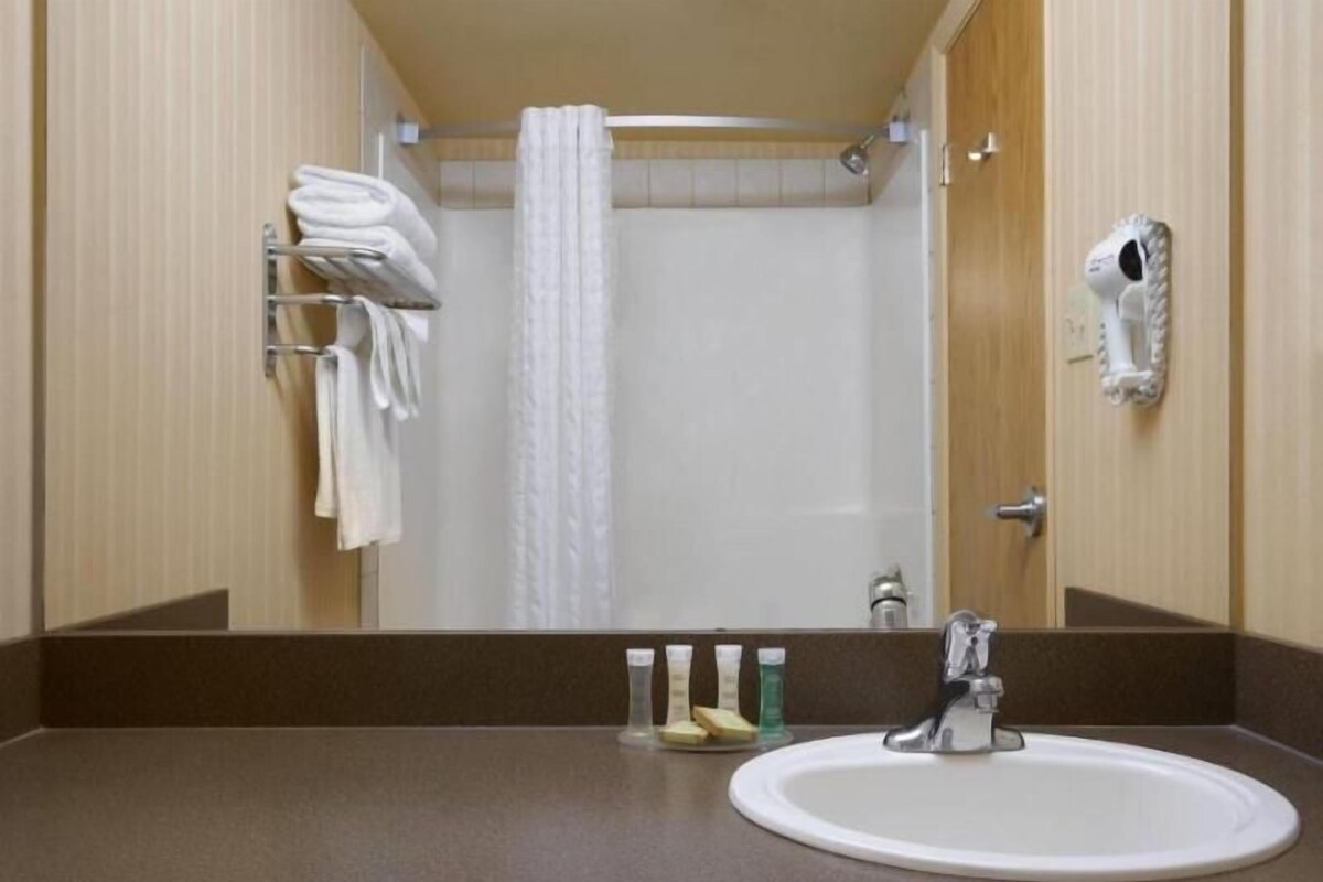 Casa de banho com pia, espelho, porta-toalhas, cortina de chuveiro e secador de cabelo.