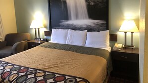 A hotel room with a bed, two bedside lamps, a nightstand with a telephone, and a large waterfall painting on the wall.