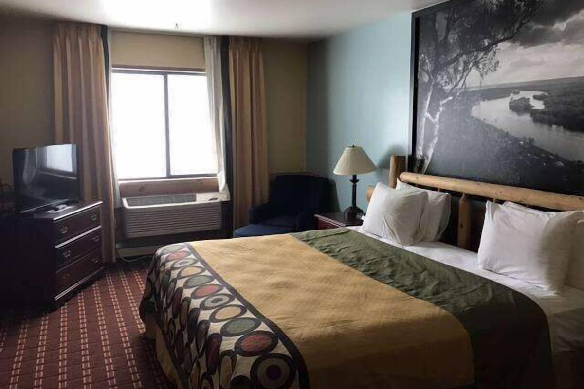 Een hotelkamer met een bed, een televisie, een bureau, een lamp en een landschapsschilderij.