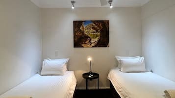 Une chambre d’hôtel avec deux lits simples, une petite table avec une lampe, un ventilateur de plafond et un tableau au mur.