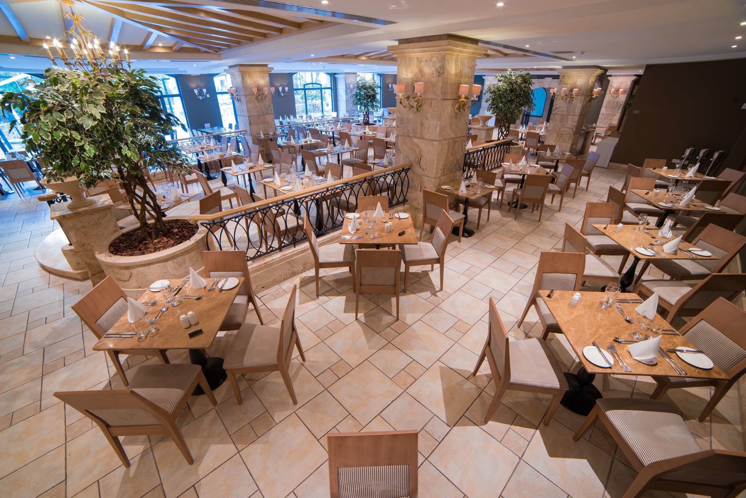 A spacious restaurant with multiple tables and chairs, large windows, and decorative plants.