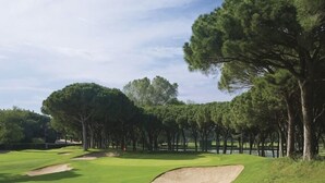 Un parcours de golf avec des bunkers de sable, des arbres et un ciel dégagé.