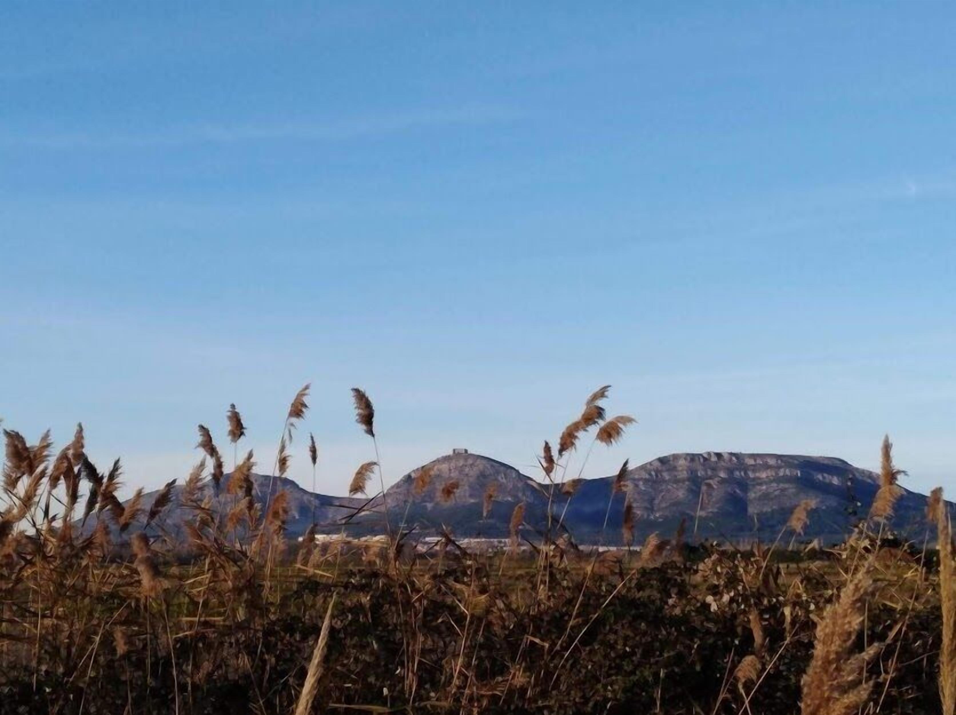 Un paysage montagneux, avec de l’herbe sèche au premier plan et un ciel dégagé.