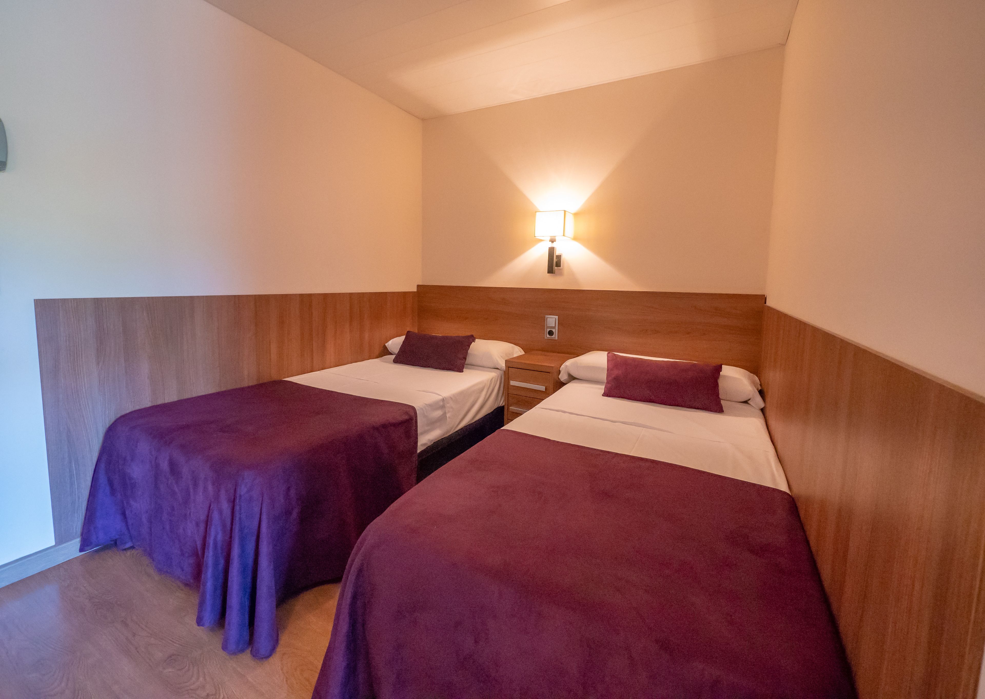 Une chambre d’hôtel avec deux lits simples, chacun recouvert d’une couvre-lit violette et doté de draps blancs. Une table de chevet se trouve entre les lits, sur laquelle est posée une lampe. Les murs de la chambre sont recouverts de lambris en bois et un luminaire est installé au-dessus de la table de chevet.