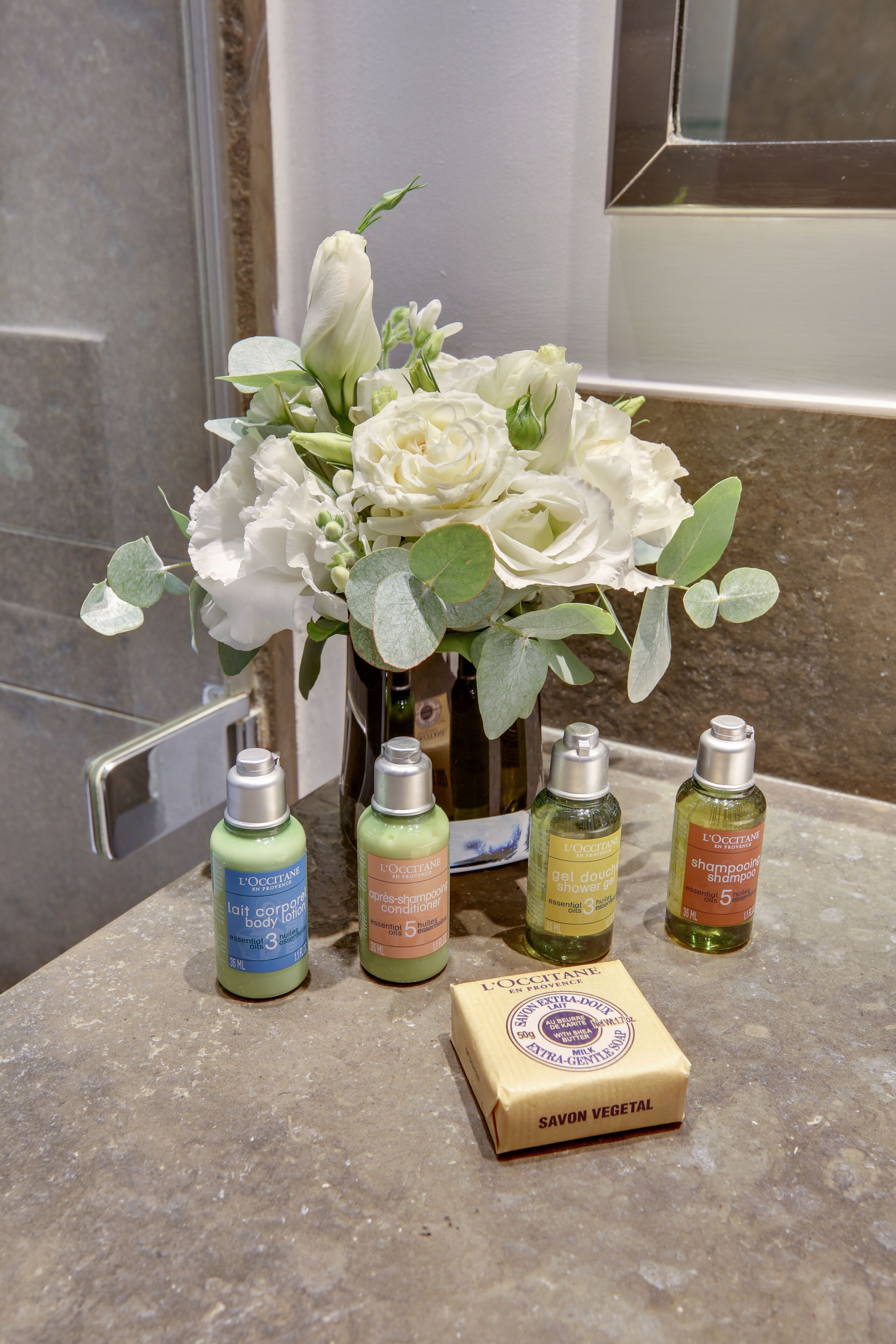 combined shower/bathtub, free toiletries, hair dryer, bathrobes