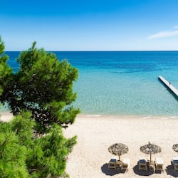 Relax on the pristine beach with lounge chairs and thatched umbrellas, surrounded by lush pine trees and clear waters.