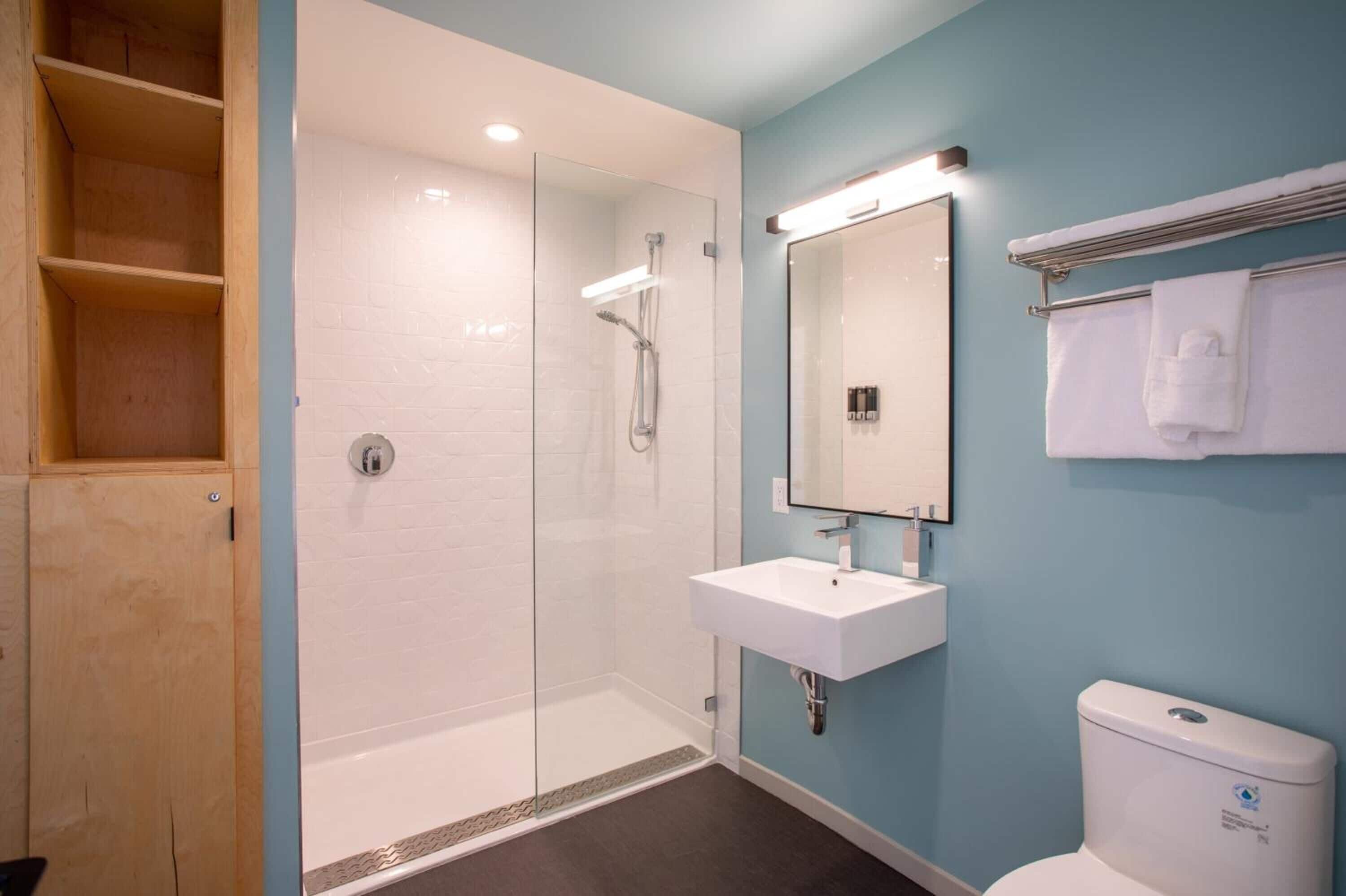 Combined shower/bathtub, free toiletries, hair dryer, towels