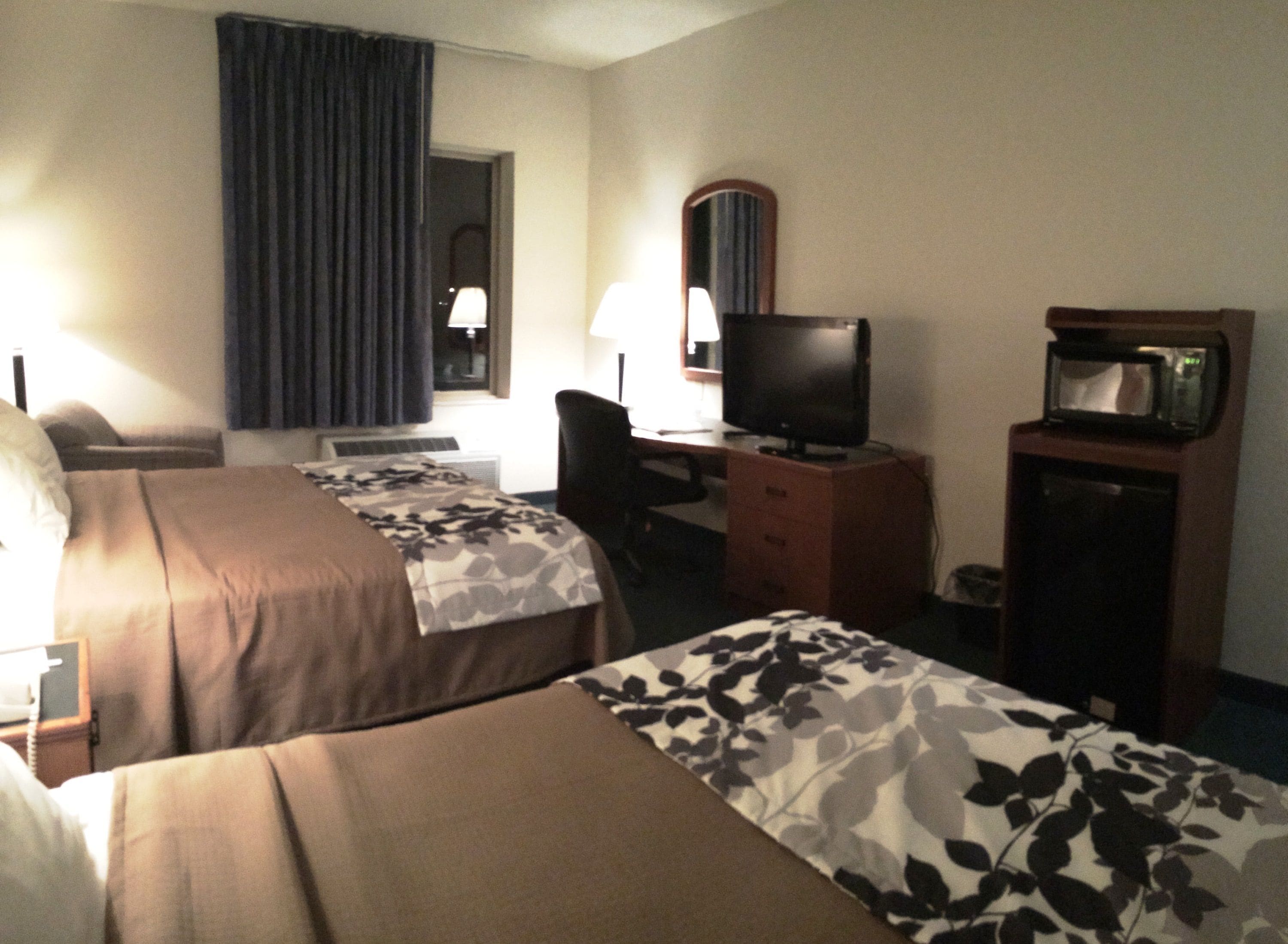 Habitación de hotel con dos camas, un escritorio, televisor, microondas y una silla.