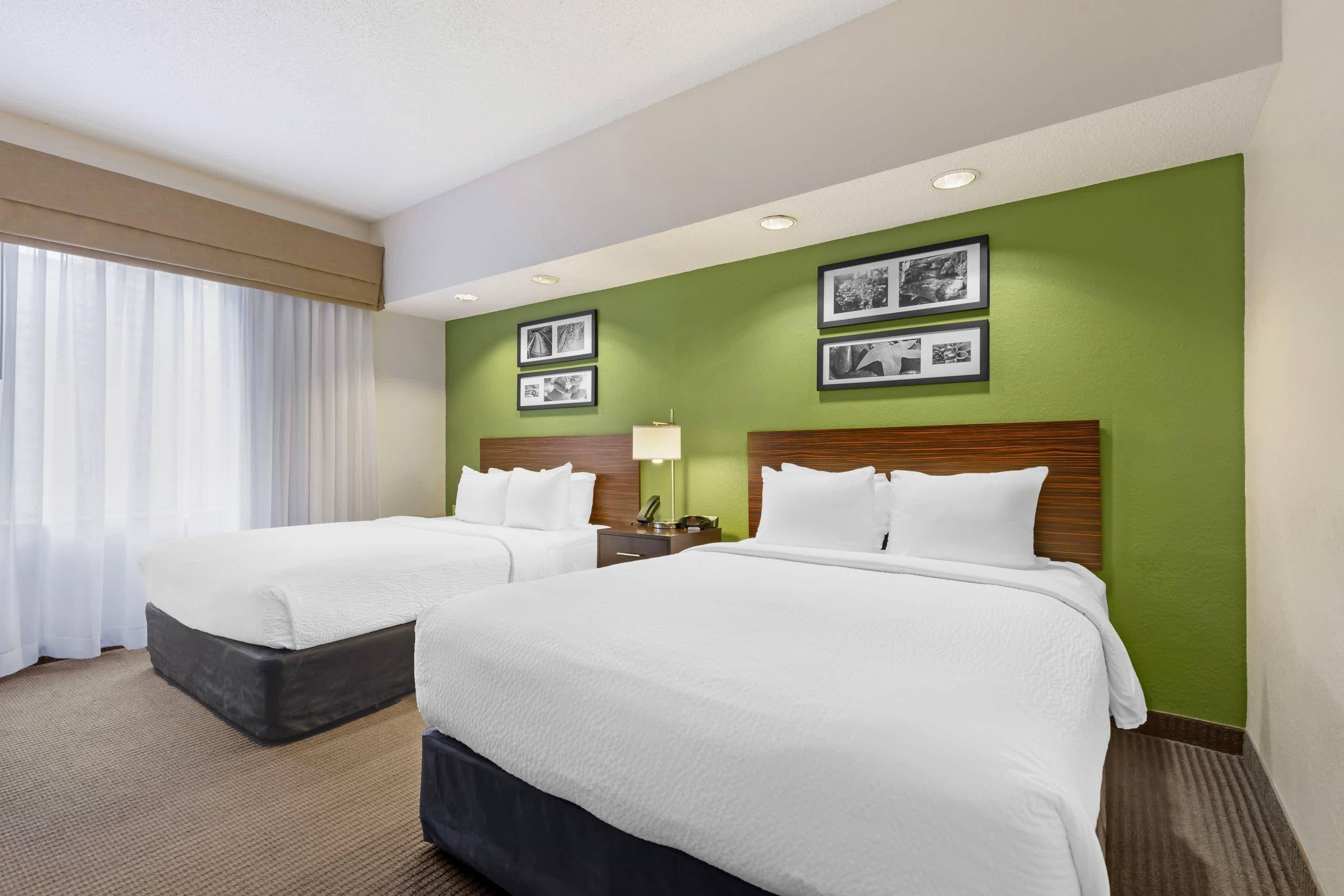 A hotel room with two beds, a large window with curtains, and green walls.