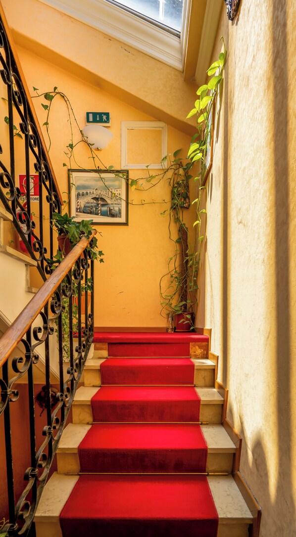 A staircase with red carpeted steps, a metal railing, and potted plants. - Hotel Tintoretto (Venice)