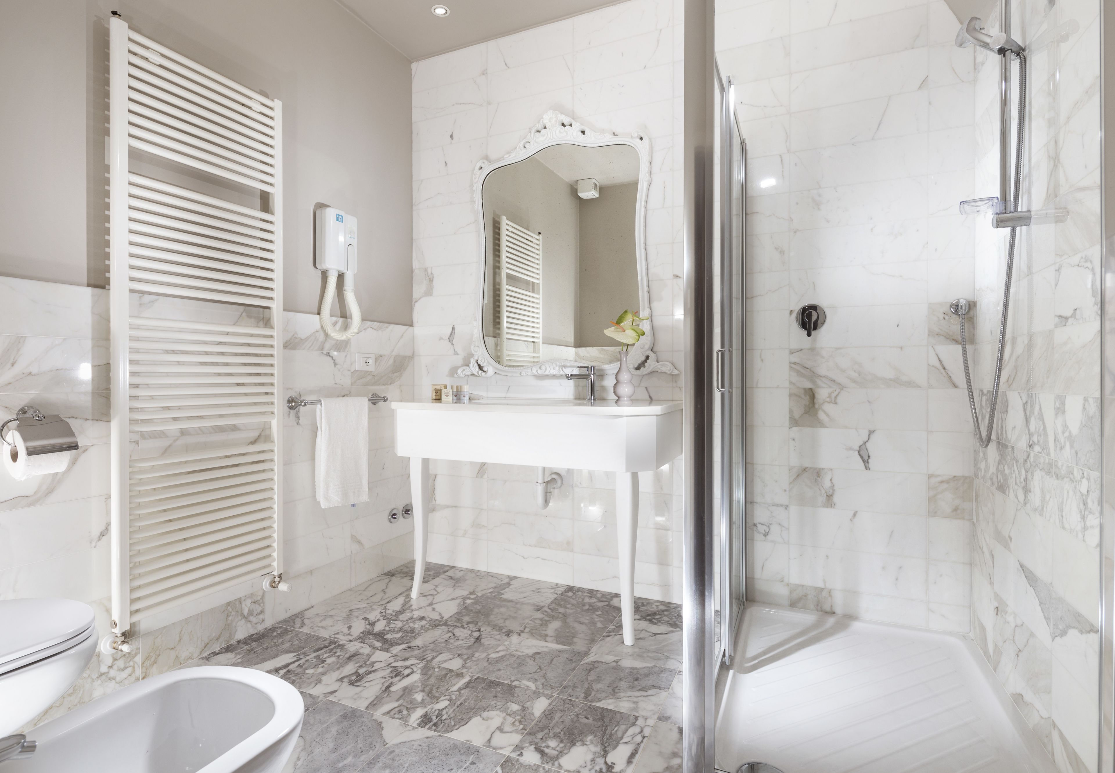 free toiletries, hair dryer, bidet, towels