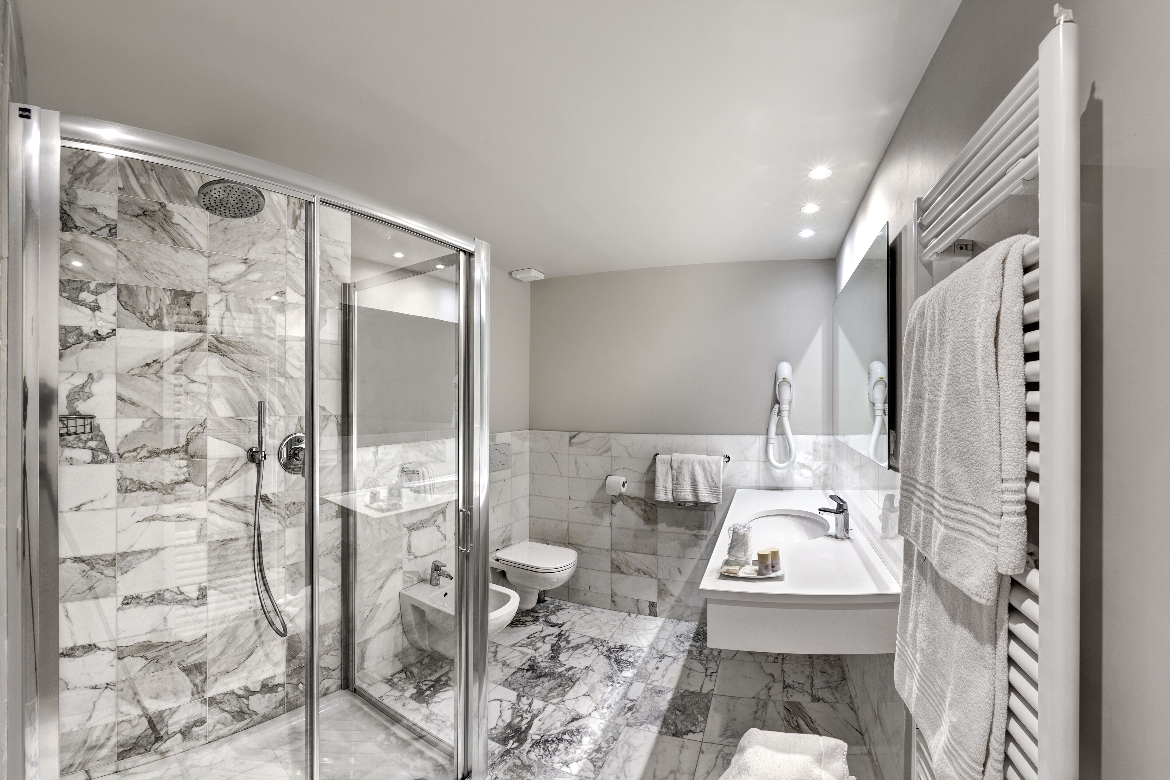 free toiletries, hair dryer, bidet, towels